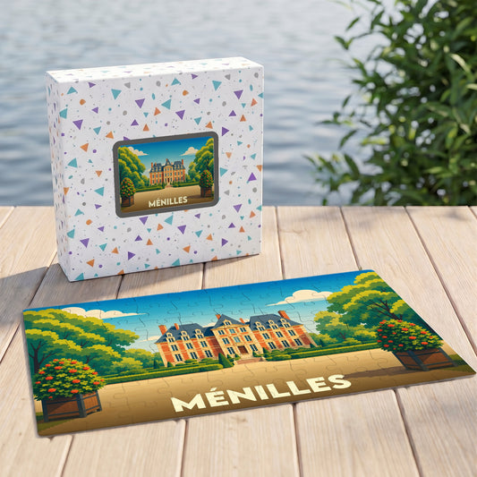 Puzzle souvenir de la ville de Ménilles représentant une illustration stylisée de son château.