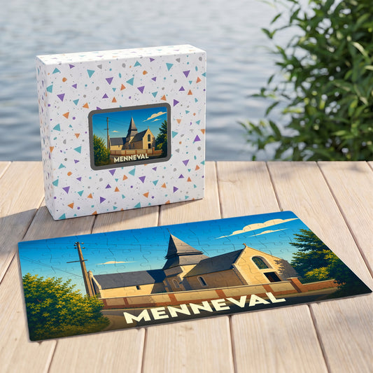 Puzzle souvenir de la ville de Menneval avec une illustration stylisée.