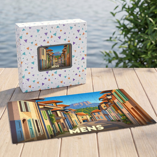 Puzzle souvenir de la ville de Mens avec une illustration stylisée d'une rue pittoresque.