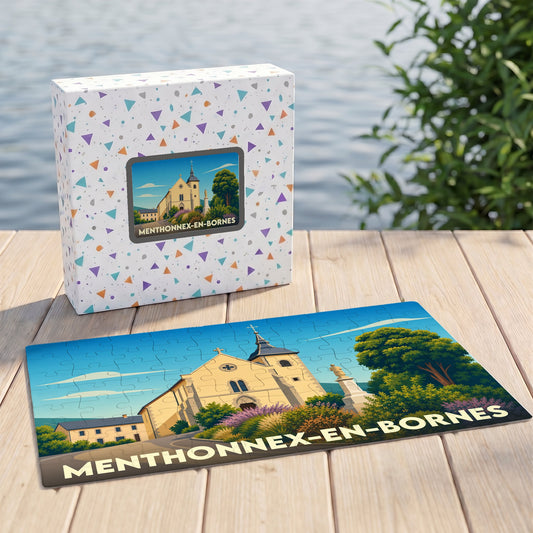 Puzzle souvenir de la ville de Menthonnex-en-Bornes avec une illustration stylisée de son église.
