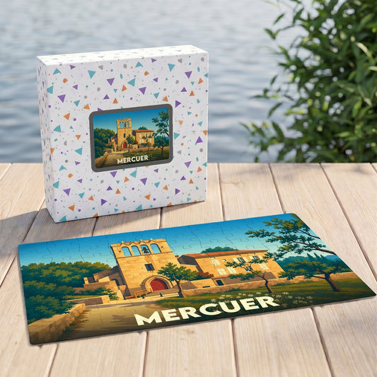 Puzzle souvenir de la ville de Mercuer avec une illustration stylisée d'un paysage provençal.