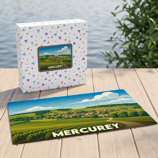Puzzle souvenir de la ville de Mercurey illustré d'un paysage de vignobles stylisé.