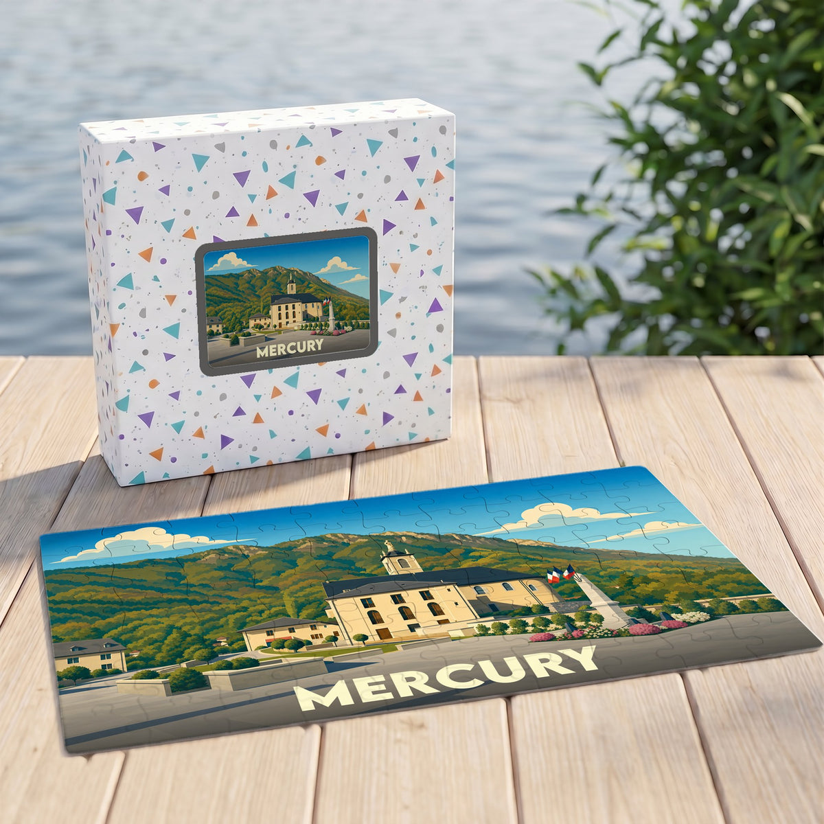 Puzzle souvenir de la ville de Mercury avec une illustration stylisée d'un paysage montagneux.