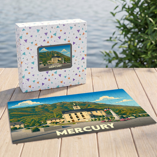 Puzzle souvenir de la ville de Mercury avec une illustration stylisée d'un paysage montagneux.