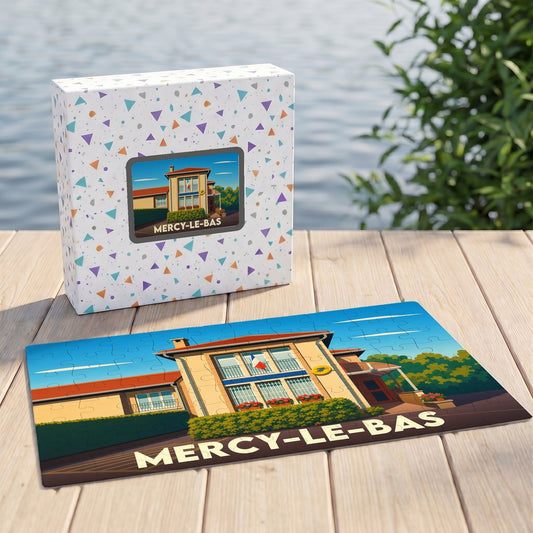 Puzzle souvenir de la ville de Mercy-le-Bas avec une illustration stylisée d'un bâtiment emblématique.
