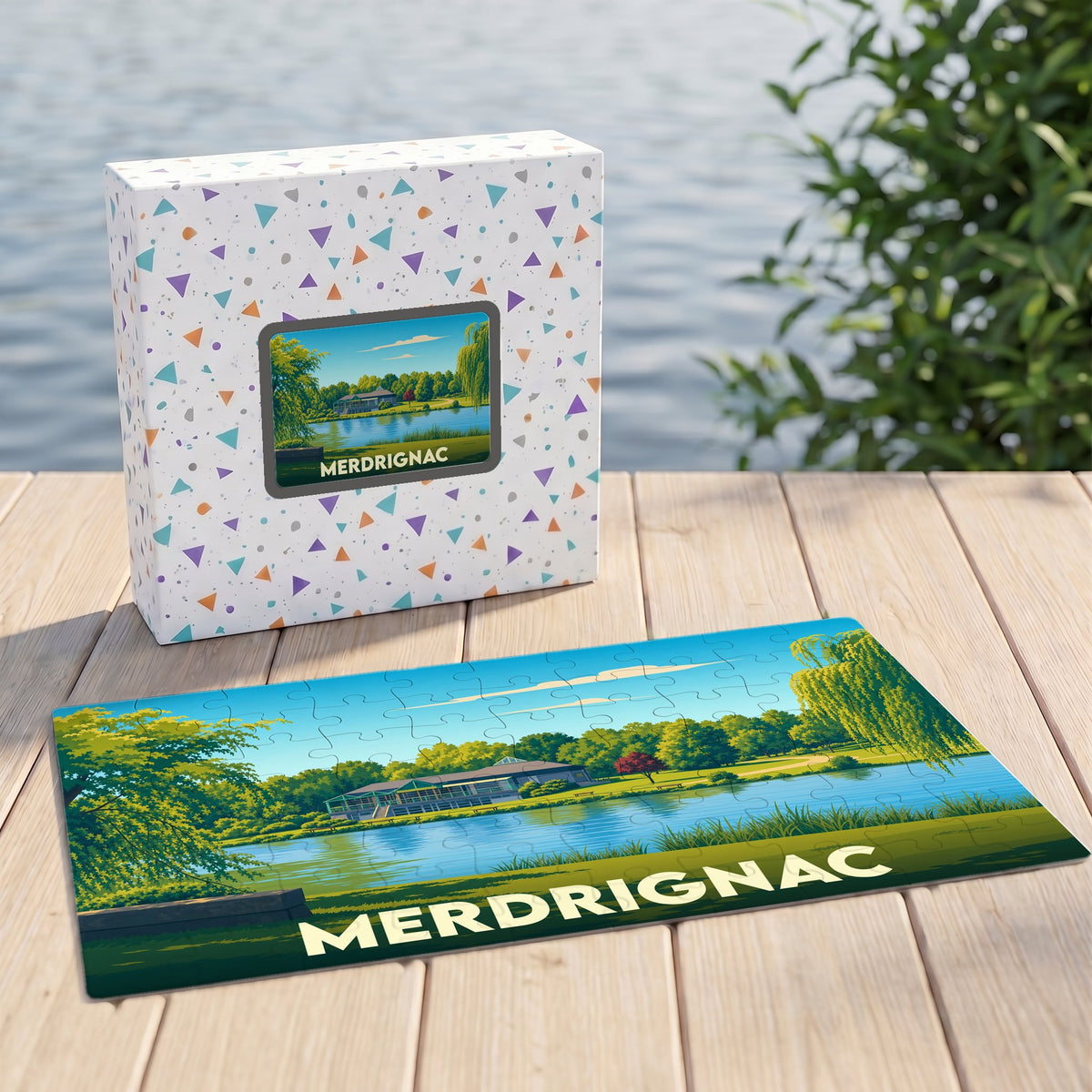 Puzzle souvenir de la ville de Merdrignac avec une illustration paysagère stylisée d'un étang.