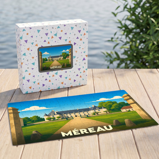 Puzzle souvenir de la ville de Méreau avec une illustration stylisée d'un château.