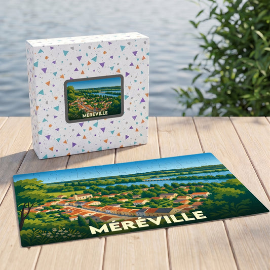 Puzzle souvenir de la ville de Méréville avec une illustration paysagère stylisée.