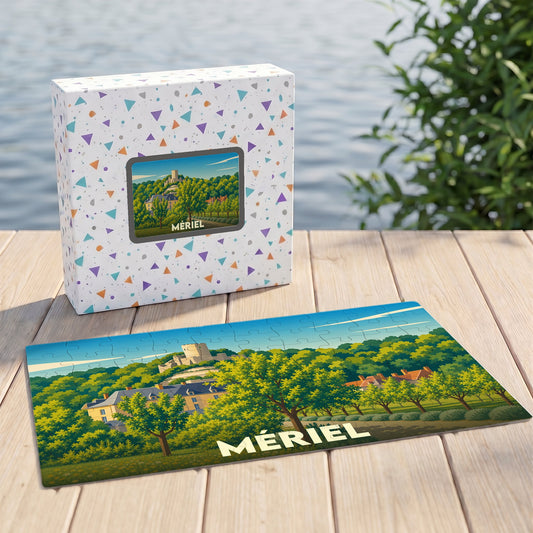 Puzzle souvenir de la ville de Mériel illustrant un paysage verdoyant avec son château et ses habitations.