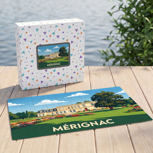 Puzzle souvenir de la ville de Mérignac illustrant une demeure historique dans un parc paysager.