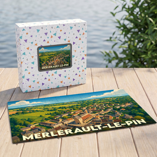 Puzzle souvenir de la commune de Le Merlerault avec une illustration aérienne stylisée du village.