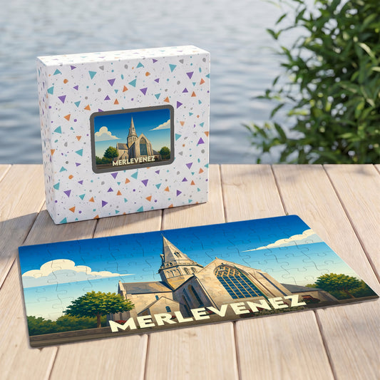 Puzzle souvenir de la ville de Merlevenez avec une illustration stylisée de son église.