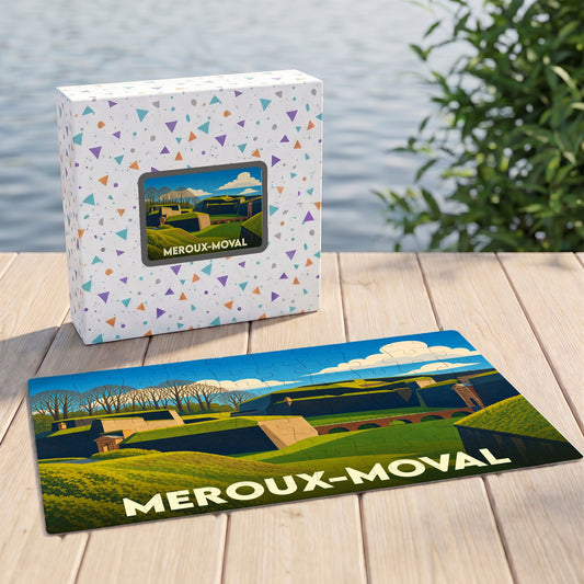 Puzzle souvenir de la ville de Meroux-Moval avec une illustration stylisée de son paysage fortifié.