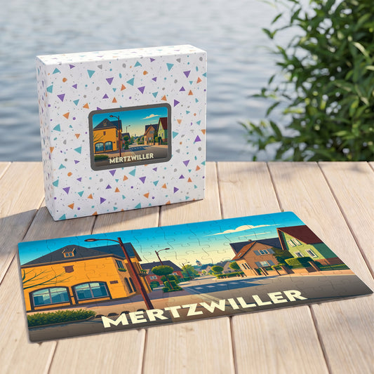 Puzzle souvenir de la ville de Mertzwiller avec une illustration stylisée et sa boîte assortie.