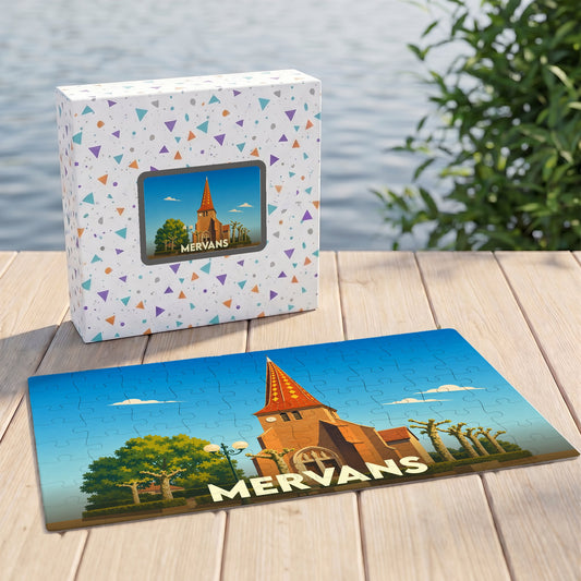 Puzzle souvenir de la ville de Mervans avec une illustration stylisée de son église.