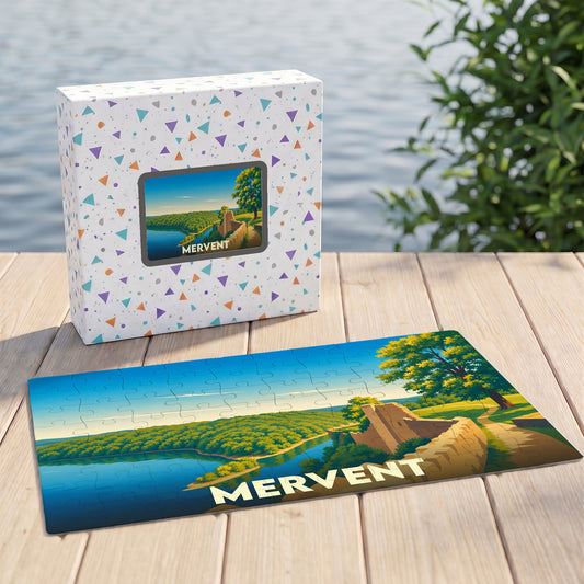 Puzzle souvenir de la ville de Mervent présentant une illustration stylisée de son paysage et de ses remparts.