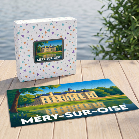 Puzzle souvenir de la ville de Méry-sur-Oise avec une illustration stylisée de son château.
