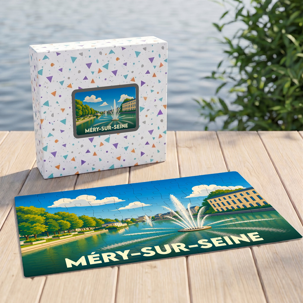 Puzzle souvenir de la ville de Méry-sur-Seine avec une illustration stylisée et colorée.