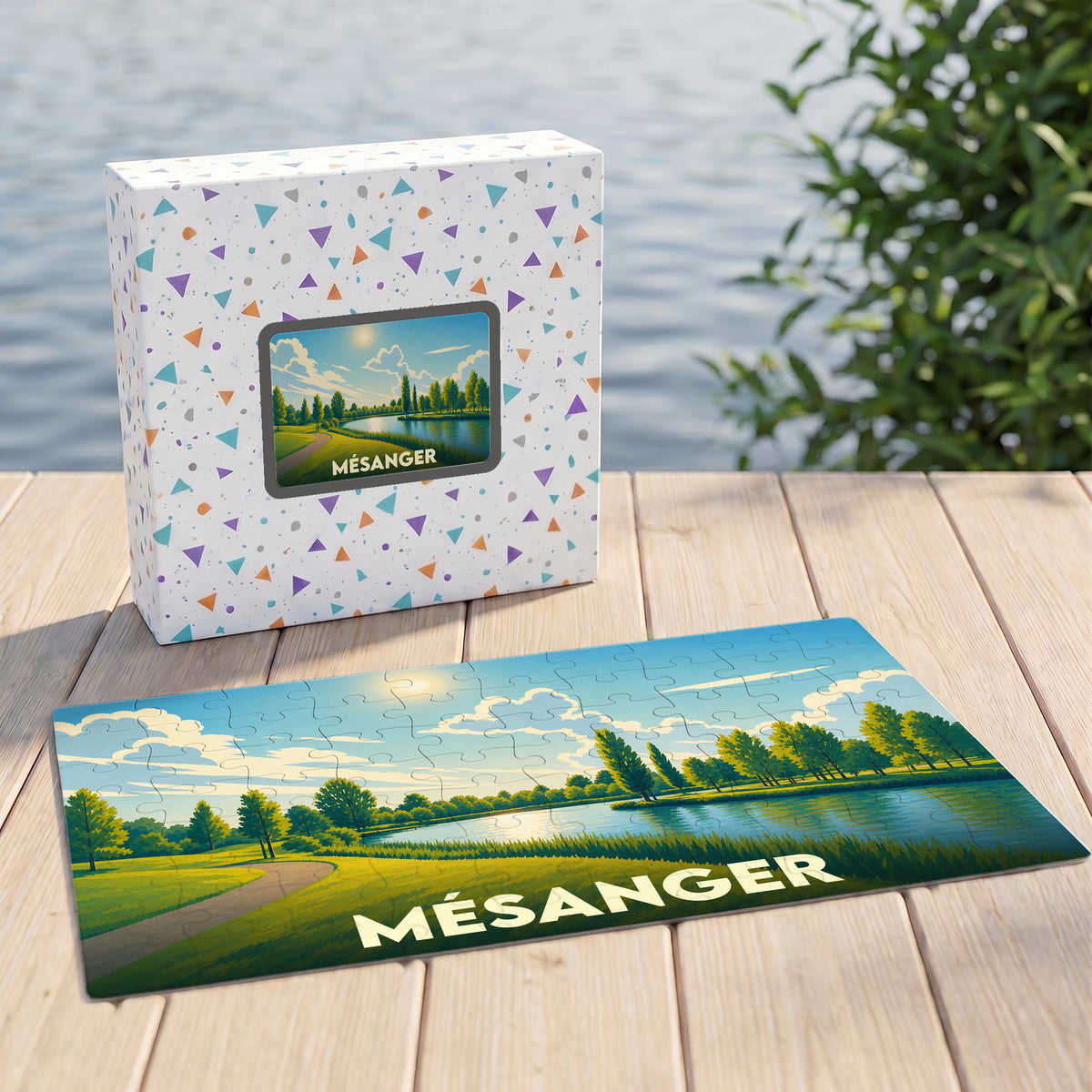 Puzzle souvenir de la ville de Mésanger illustrant un paysage de parc au bord de l'eau.