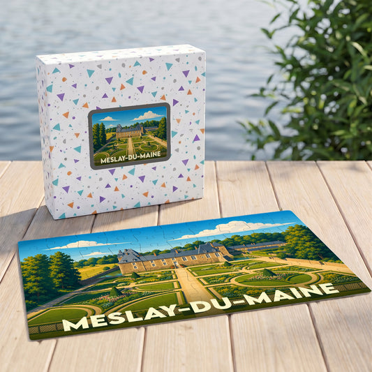 Puzzle souvenir de la ville de Meslay-du-Maine avec une illustration stylisée de son château et de ses jardins.