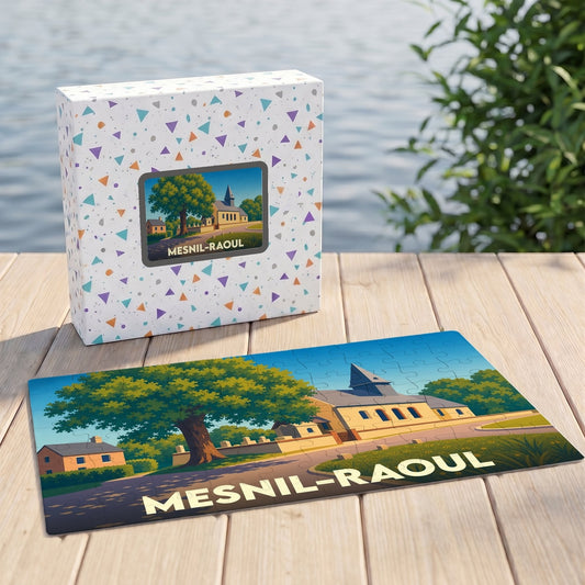 Puzzle souvenir de la ville de Mesnil-Raoul avec une illustration stylisée d'un paysage champêtre.