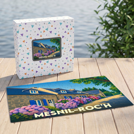 Puzzle souvenir de la commune de Mesnil-Roc'h représentant des maisons traditionnelles et des fleurs.
