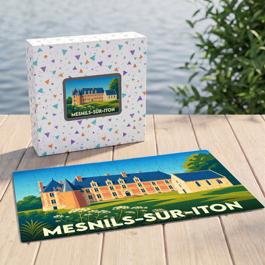 Puzzle souvenir de la commune de Mesnils-sur-Iton avec une illustration stylisée de son château.