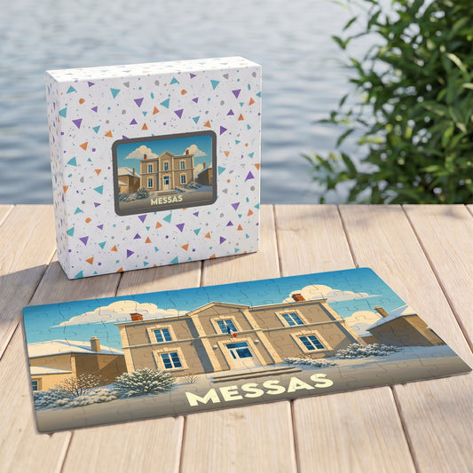 Puzzle souvenir de la ville de Messas avec une illustration stylisée d'un bâtiment sous la neige.