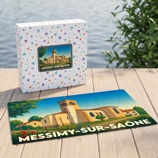Puzzle souvenir de la ville de Messimy-sur-Saône avec une illustration stylisée de son église.
