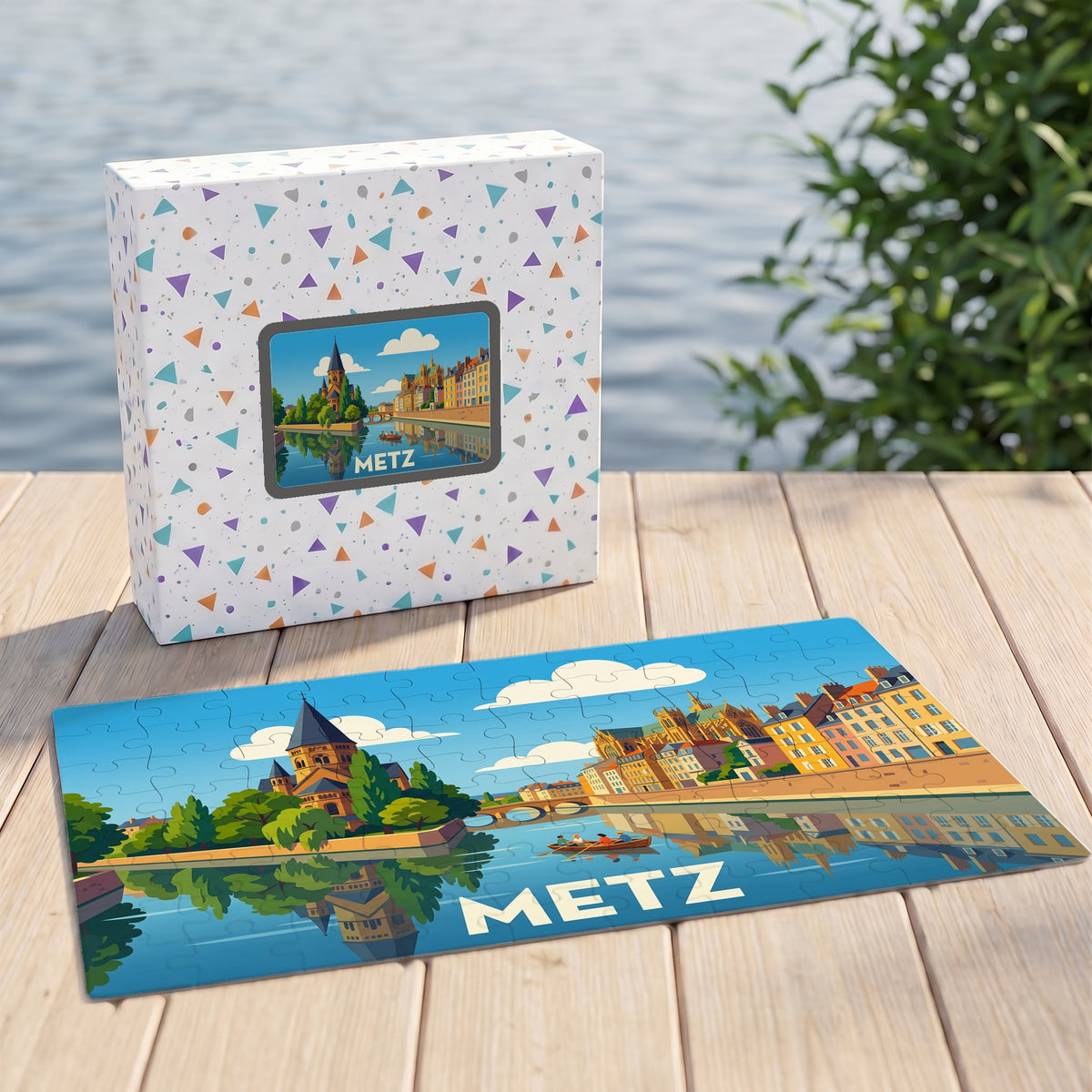 Puzzle souvenir de la ville de Metz avec une illustration stylisée de ses monuments au bord de l'eau.