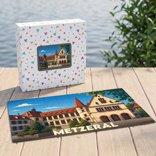 Puzzle souvenir de la ville de Metzeral avec une illustration stylisée d'un bâtiment historique.