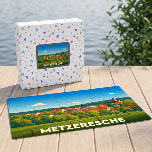 Puzzle souvenir de la commune de Metzeresche avec une illustration stylisée de ses paysages.