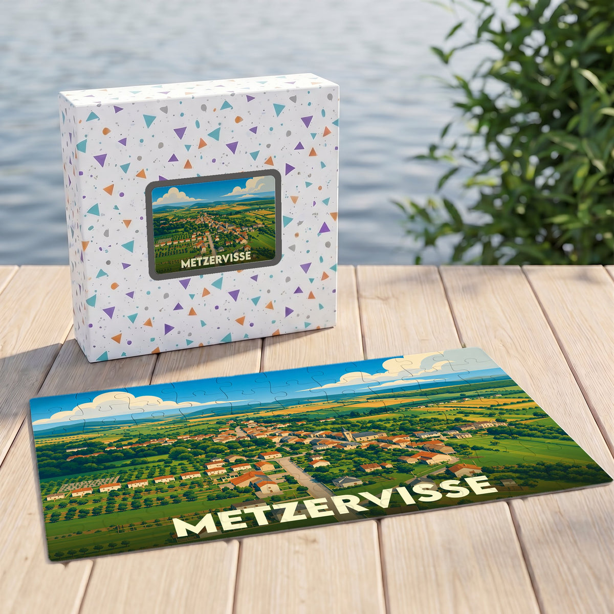 Puzzle souvenir de la ville de Metzervisse avec une illustration paysagère stylisée.