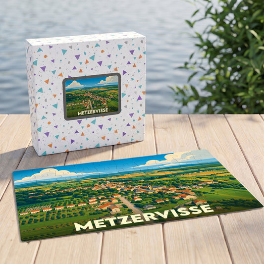 Puzzle souvenir de la ville de Metzervisse avec une illustration paysagère stylisée.