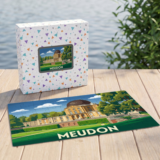 Puzzle souvenir de la ville de Meudon avec une illustration stylisée de son observatoire.