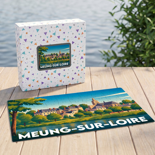 Puzzle souvenir de la ville de Meung-sur-Loire avec une illustration stylisée et colorée.