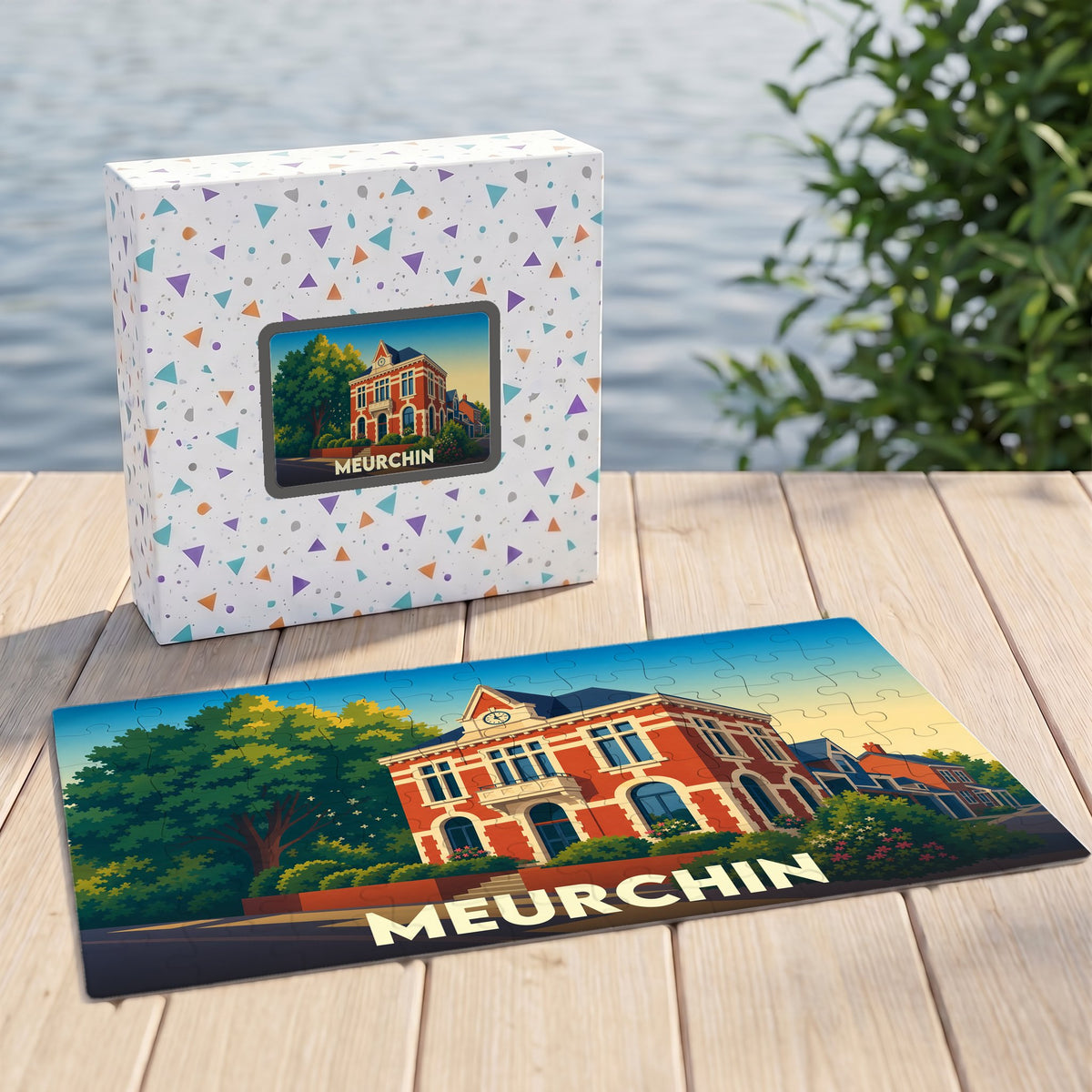 Puzzle souvenir de la ville de Meurchin avec une illustration stylisée d'un bâtiment emblématique.