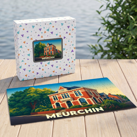 Puzzle souvenir de la ville de Meurchin avec une illustration stylisée d'un bâtiment emblématique.
