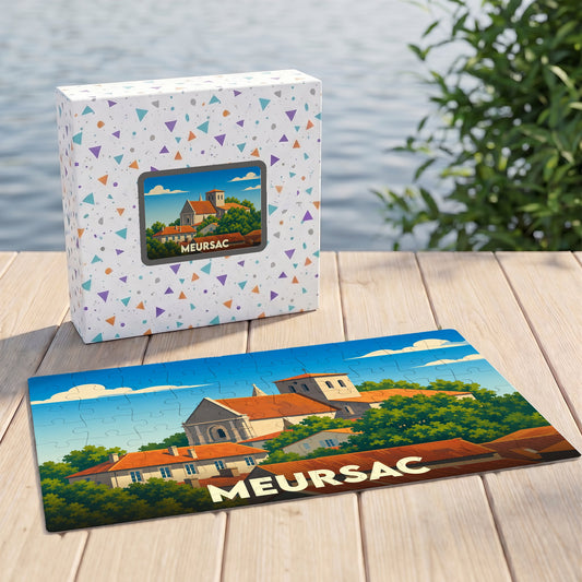 Puzzle souvenir de la ville de Meursac avec une illustration stylisée et colorée.