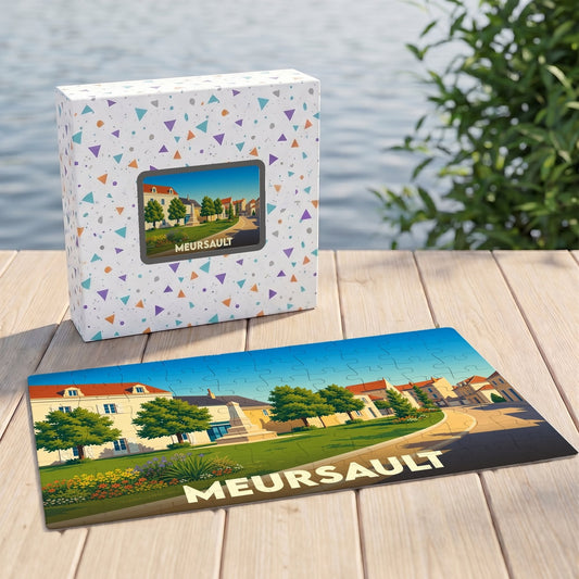 Puzzle souvenir de la ville de Meursault avec une illustration stylisée.