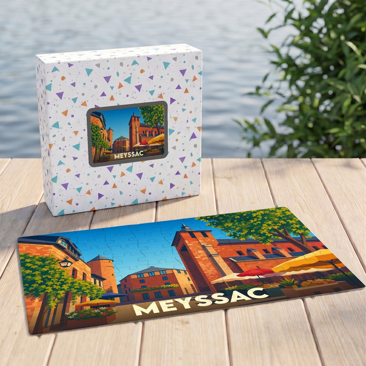 Puzzle souvenir de la ville de Meyssac avec une illustration colorée et stylisée de son architecture.
