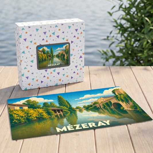 Puzzle souvenir de la ville de Mézeray présentant une illustration paysagère stylisée.