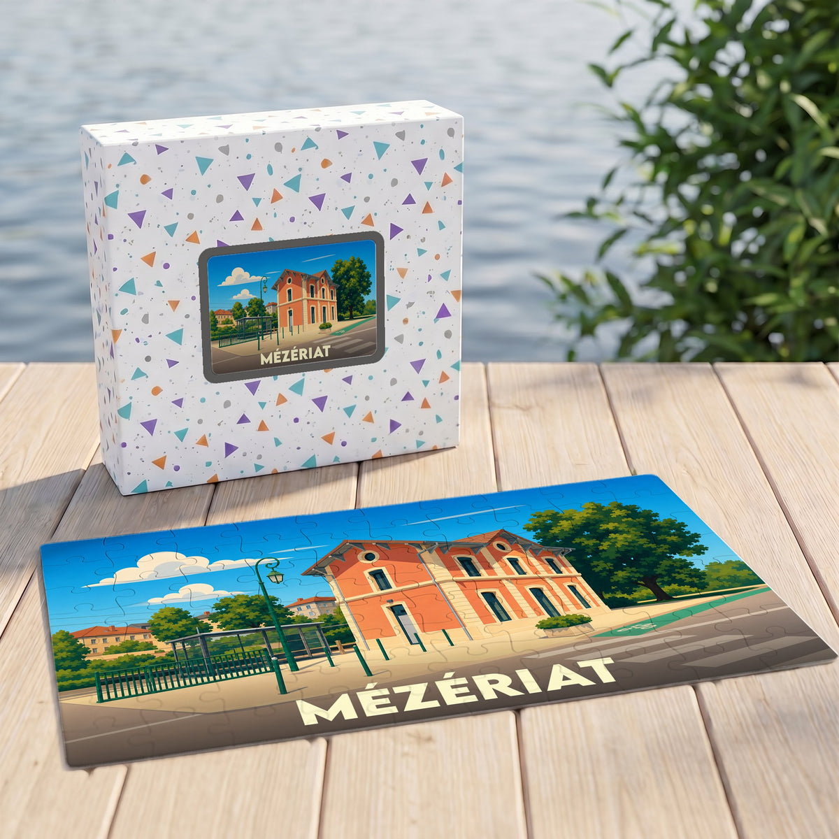 Puzzle souvenir de la ville de Mézériat avec une illustration colorée et stylisée de son patrimoine.