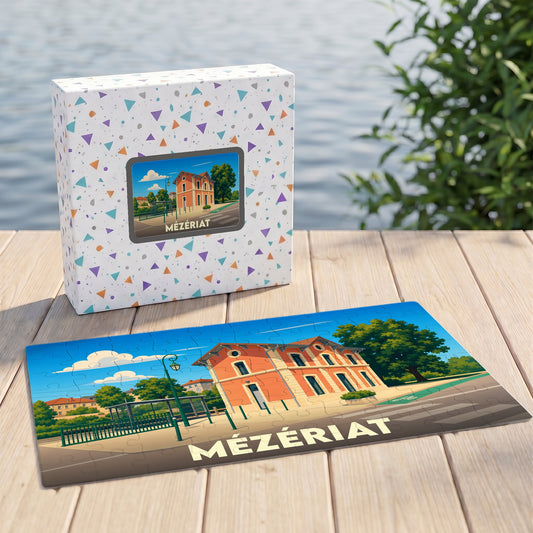 Puzzle souvenir de la ville de Mézériat avec une illustration colorée et stylisée de son patrimoine.