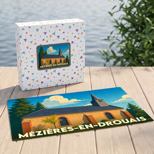 Puzzle souvenir de la ville de Mézières-en-Drouais avec une illustration stylisée d'une église locale.