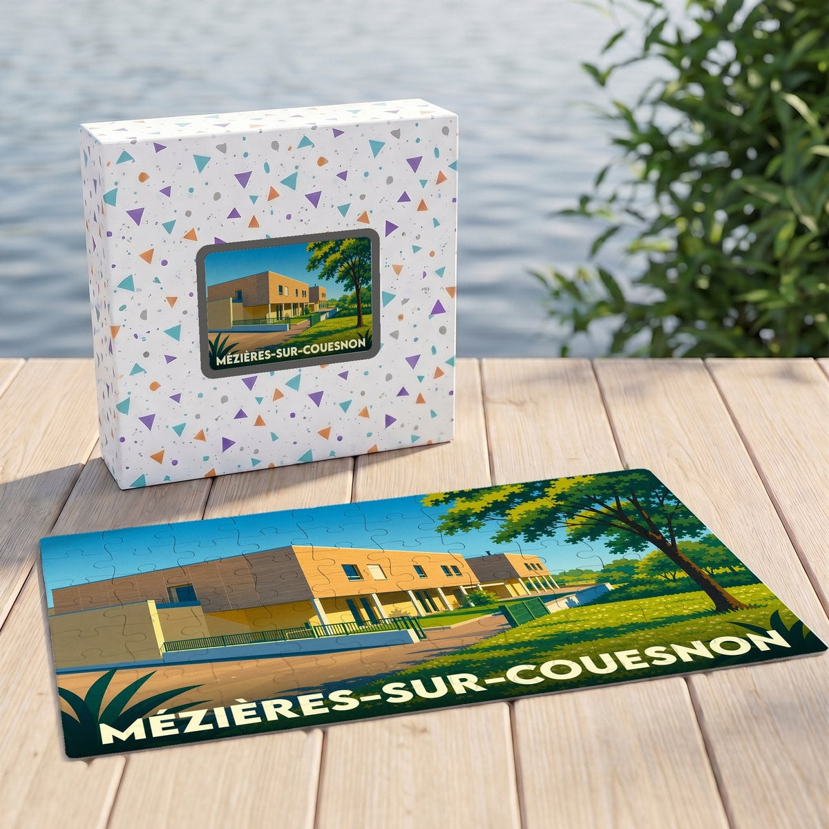 Puzzle souvenir de la ville de Mézières-sur-Couesnon avec son illustration stylisée et sa boîte assortie.