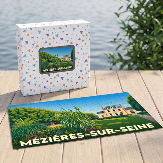 Puzzle souvenir de la ville de Mézières-sur-Seine avec une illustration stylisée et colorée.