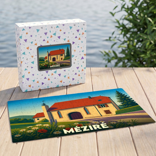 Puzzle souvenir de la ville de Méziré illustré d'un paysage stylisé et accompagné de sa boîte de rangement assortie.
