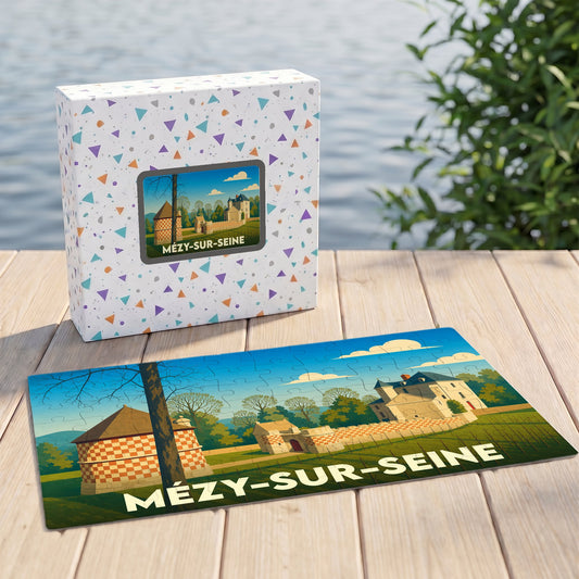 Puzzle souvenir de la ville de Mézy-sur-Seine avec une illustration stylisée et colorée.