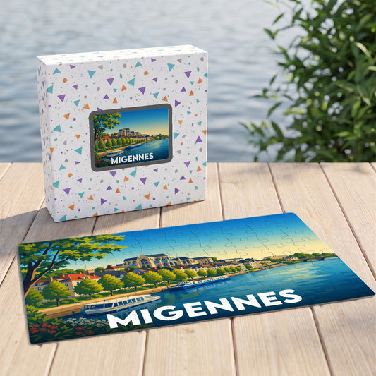 Puzzle souvenir de la ville de Migennes avec une illustration stylisée des bords de l'Yonne.